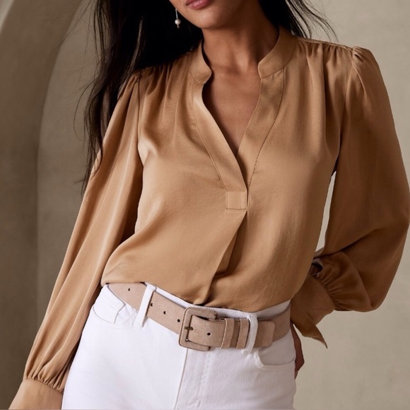 Banana Republic Tops - Banana Republic Volume Sleeve Tan Blouse